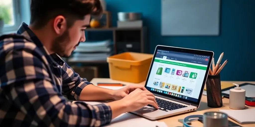 Person collaborating on a laptop for Shopify store setup.