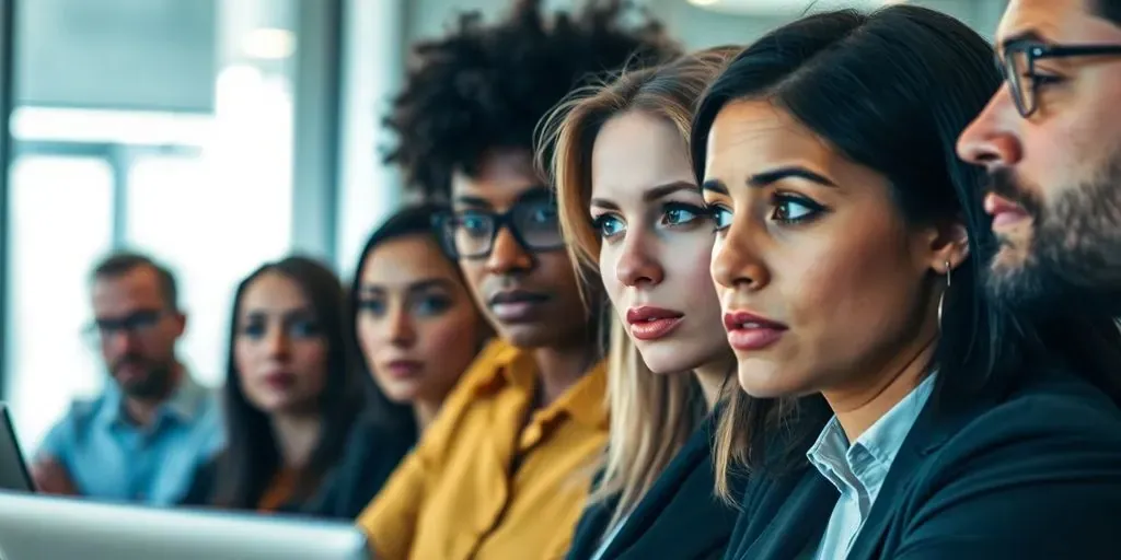 Diverse professionals discussing layoffs in an office setting.