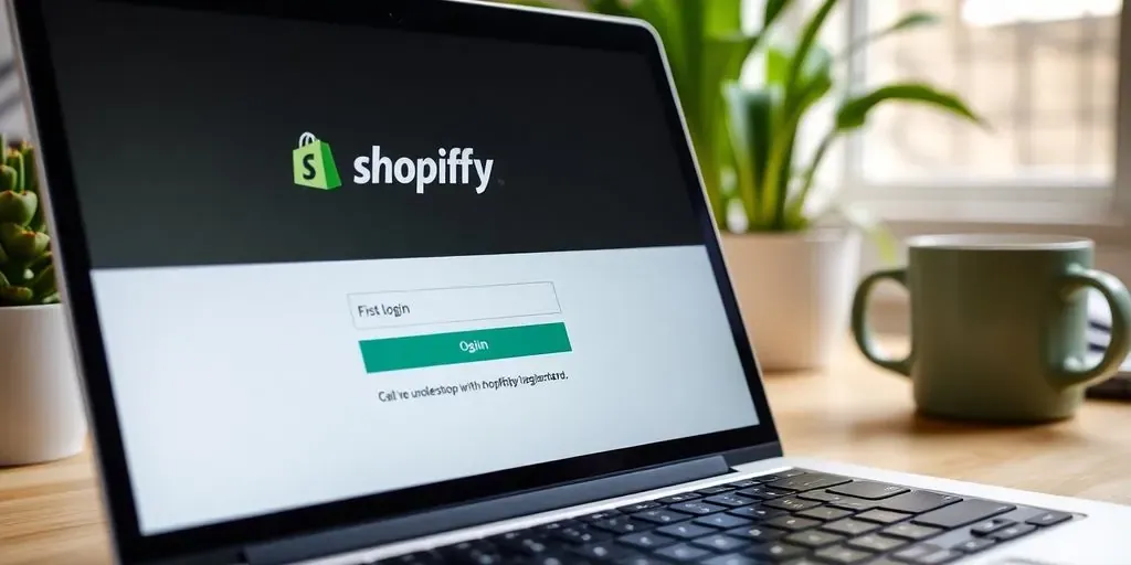 Laptop displaying Shopify login screen in a workspace.