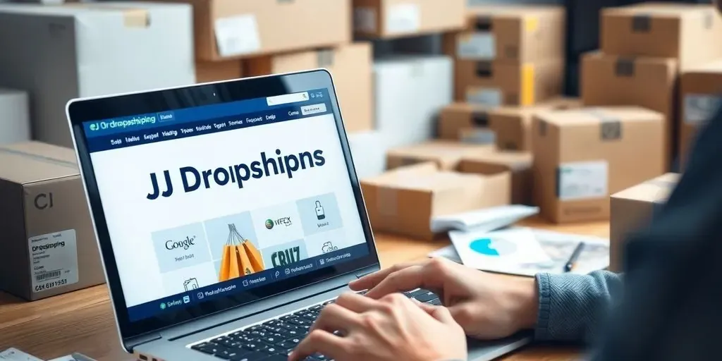 Person working on laptop with shipping boxes around them.