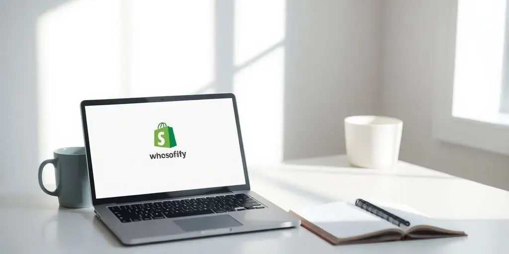 Laptop with Shopify logo and empty notebook on desk.