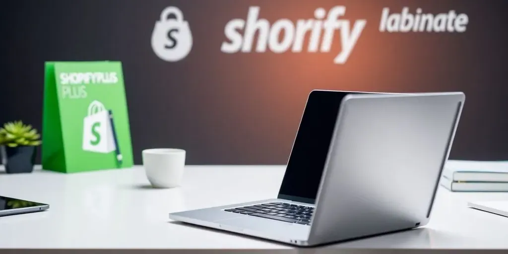 E-commerce workspace with laptop and Shopify branding.
