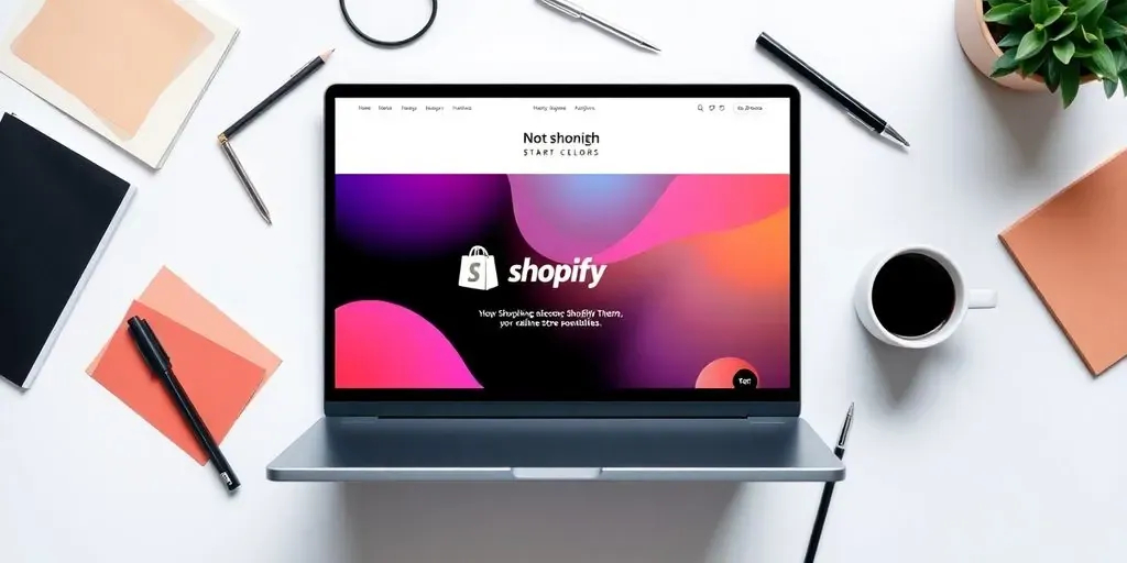 Flat lay of laptop, design elements, and Shopify theme.