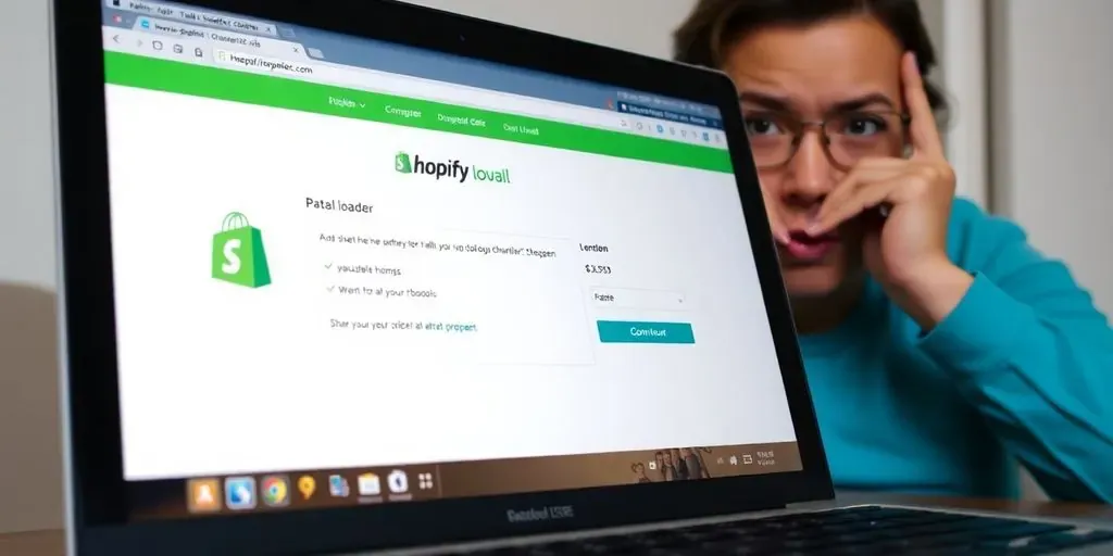 Laptop displaying Shopify checkout loading issue with user concern.