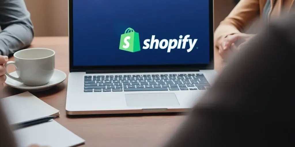 Laptop with Shopify logo and coffee cup on desk.
