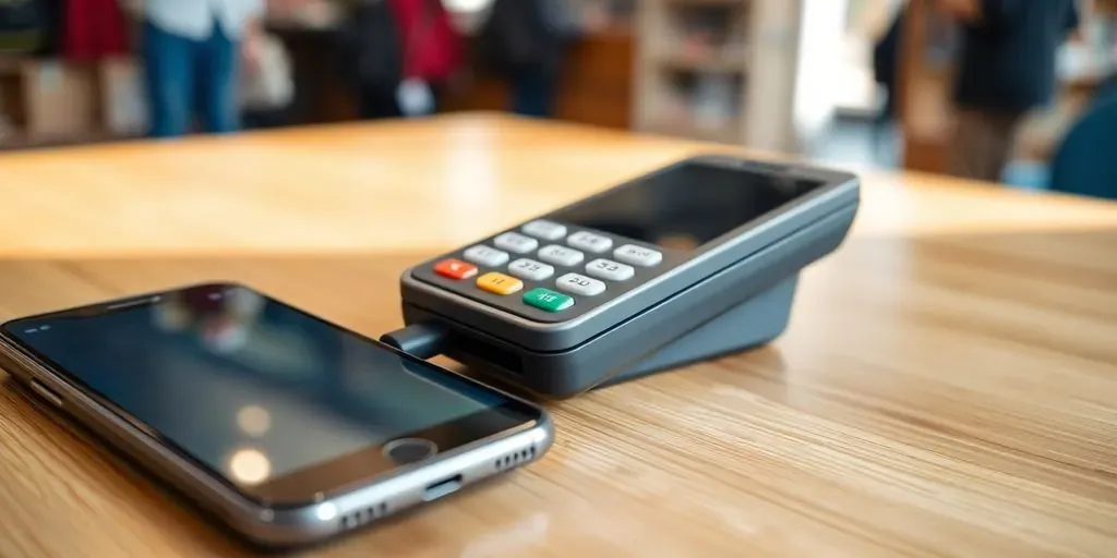Close-up of a card reader and smartphone on table.