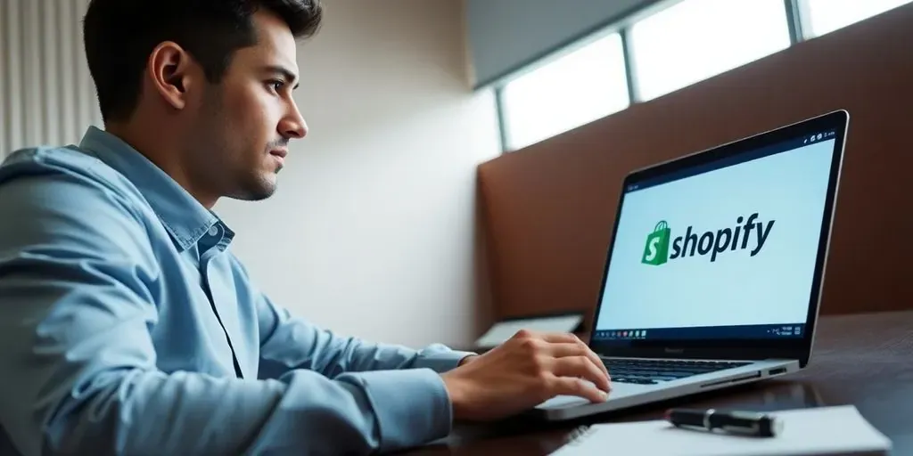 Person contemplating Shopify membership cancellation at a desk.