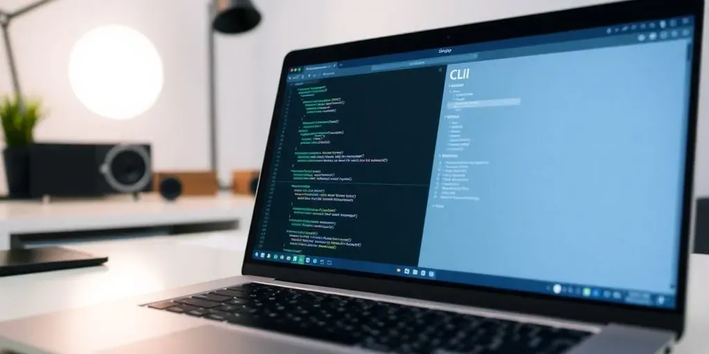 Laptop with Shopify CLI interface on a clean desk.