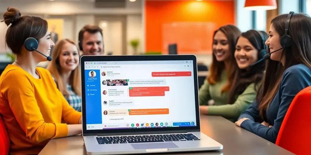 Laptop with chat support interface and service representatives.