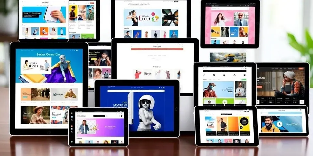 Colorful Shopify themes displayed on devices in a collage.