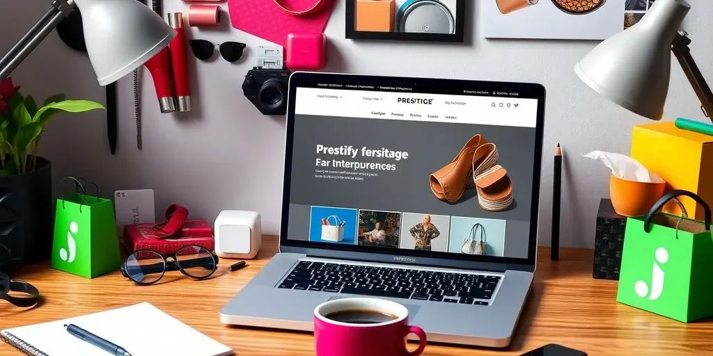 Ecommerce workspace with laptop and stylish accessories.