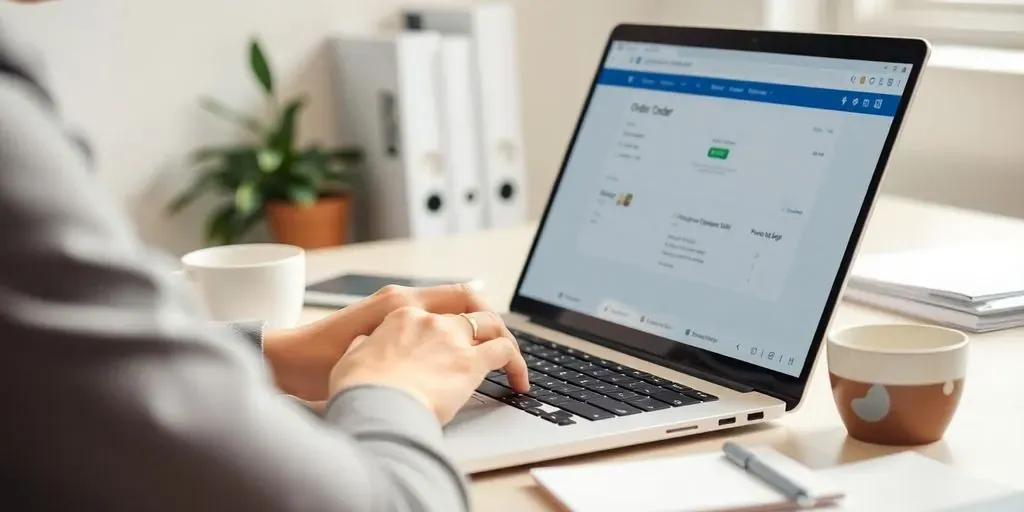 Person tracking order on laptop at a desk.