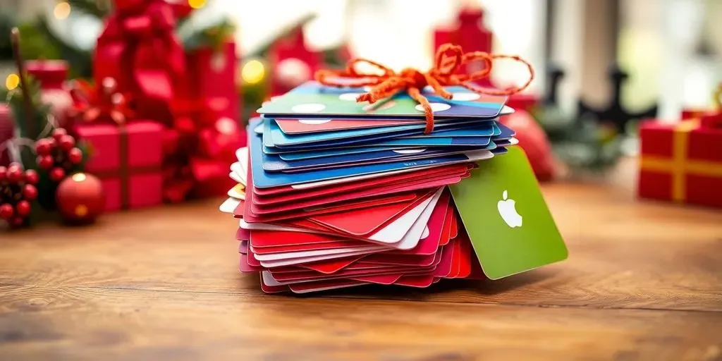 Colorful gift cards on a table with decorations.