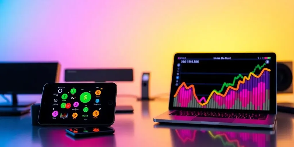 Modern devices with vibrant currency icons on a minimal background.