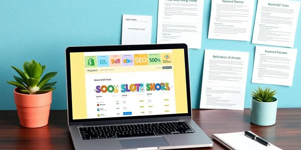 Laptop displaying Shopify dashboard with SEO tools.