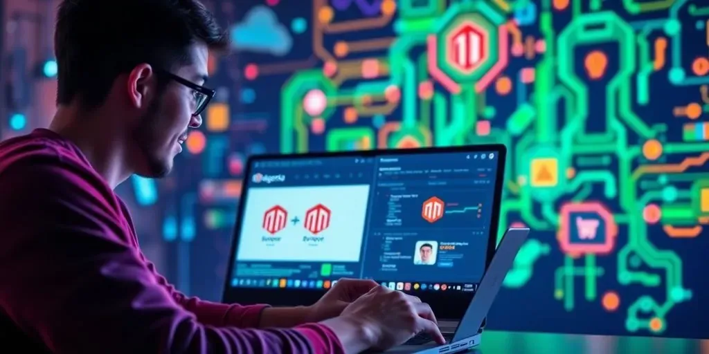 Developer working on Magento extensions at a laptop.