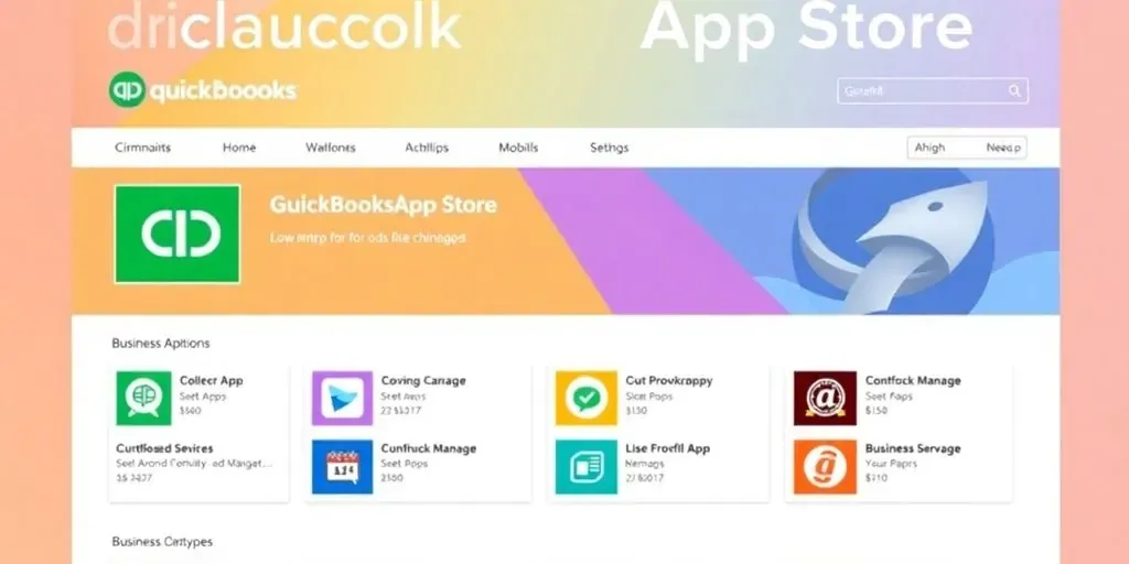Colorful QuickBooks App Store interface with app icons.