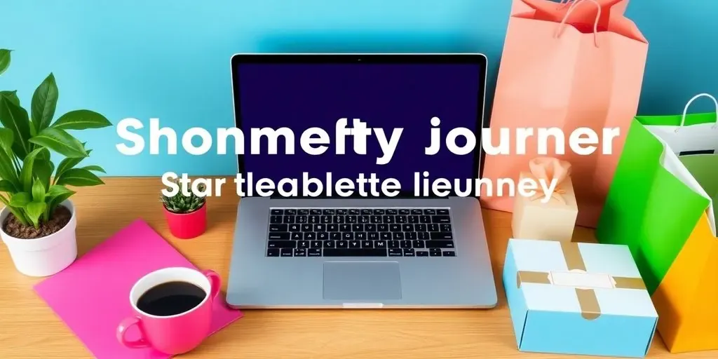 Workspace with laptop, coffee, and e-commerce products.