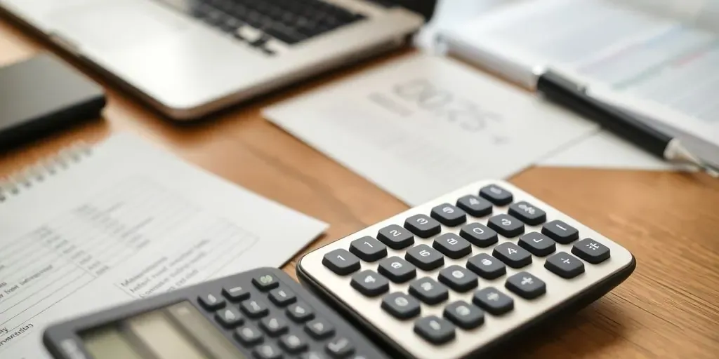 Calculator and laptop on a desk for financial analysis.