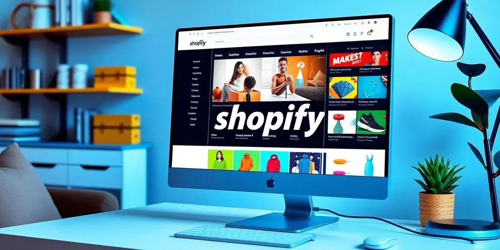 Bright workspace with Shopify dashboard and products displayed.