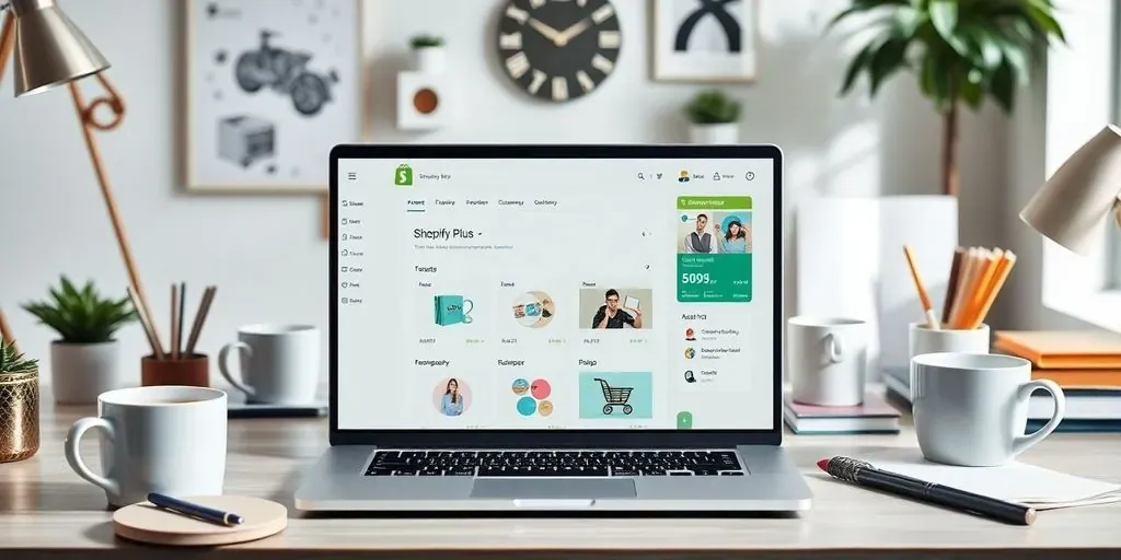Modern e-commerce workspace with Shopify Plus dashboard.