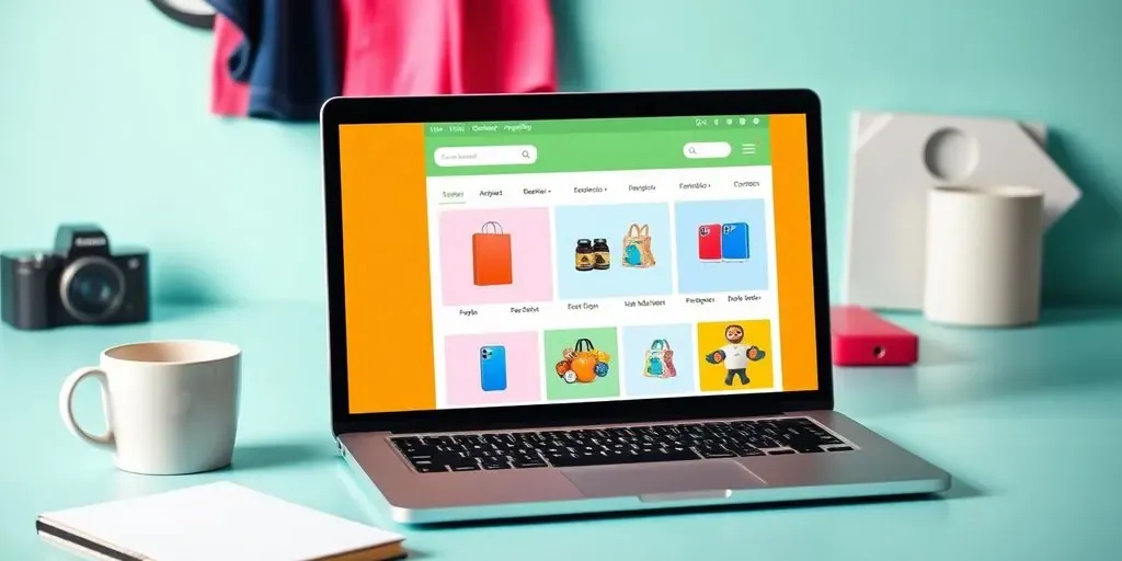 Laptop with online store and products on a desk.