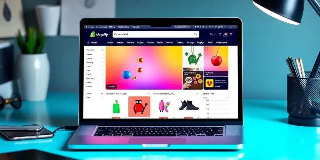 E-commerce workspace with laptop and product images.