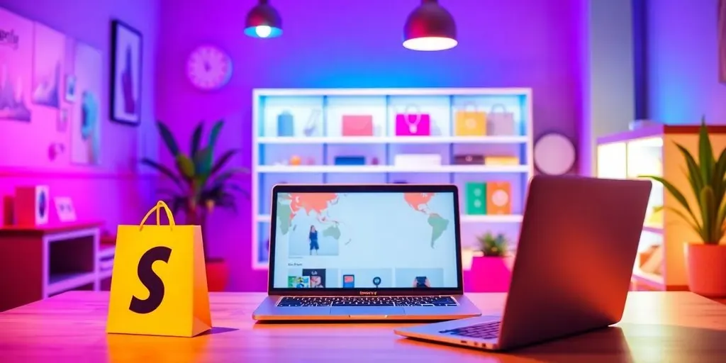 Colorful online store setup with products and a laptop.
