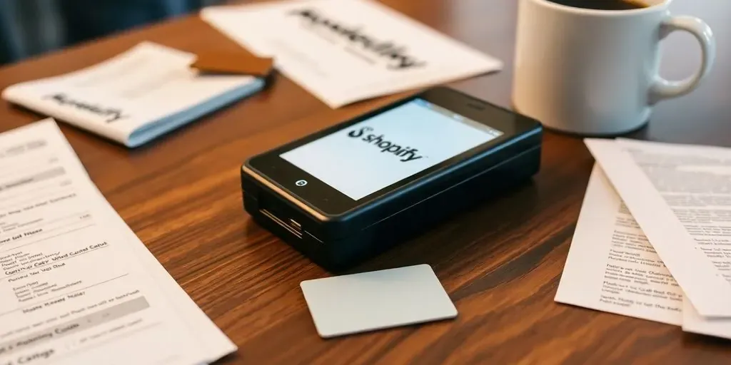 Shopify Card Reader on a wooden table with items.