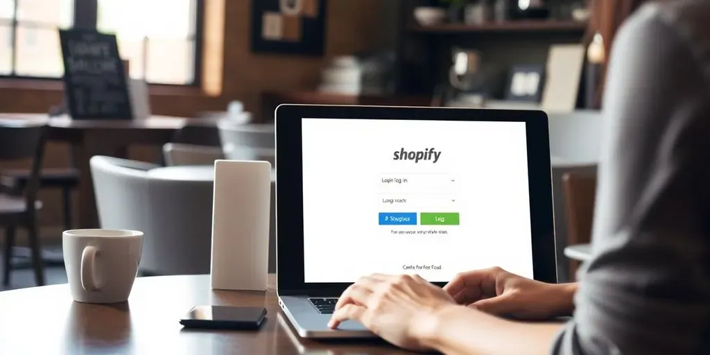 Person logging into Shopify on a laptop at cafe.
