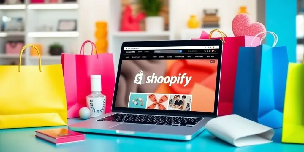 Laptop with Shopify store and shopping items around.
