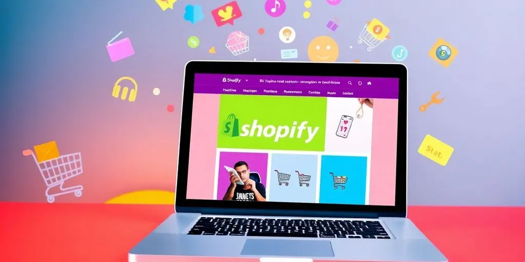 Laptop displaying Shopify theme with e-commerce elements.