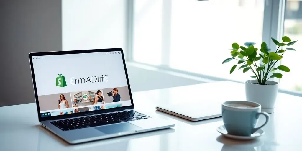 Modern workspace with laptop and Shopify interface.