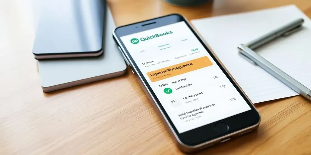 Smartphone with QuickBooks app on a desk with supplies.