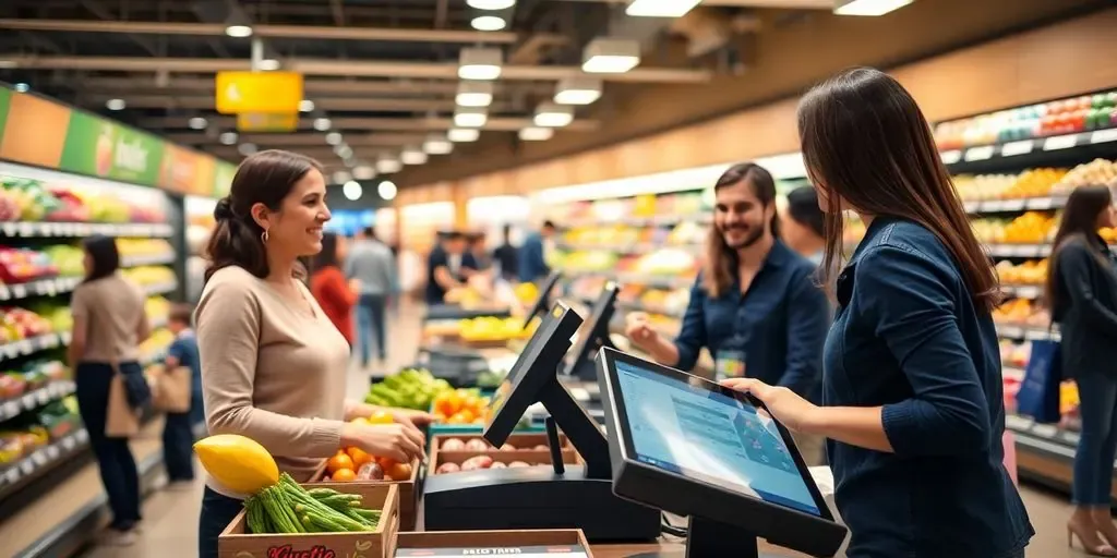 Modern grocery store checkout with advanced POS technology.