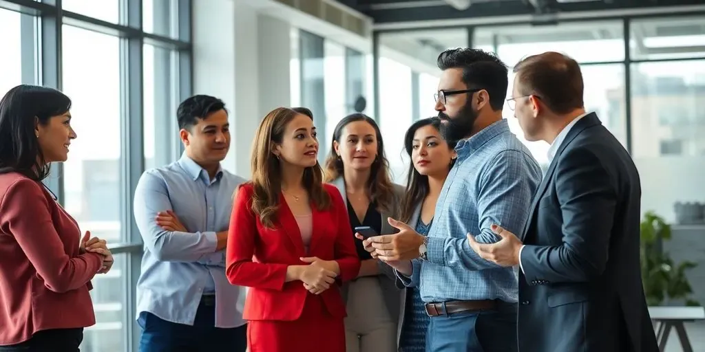 Diverse team in a modern office discussing layoffs.