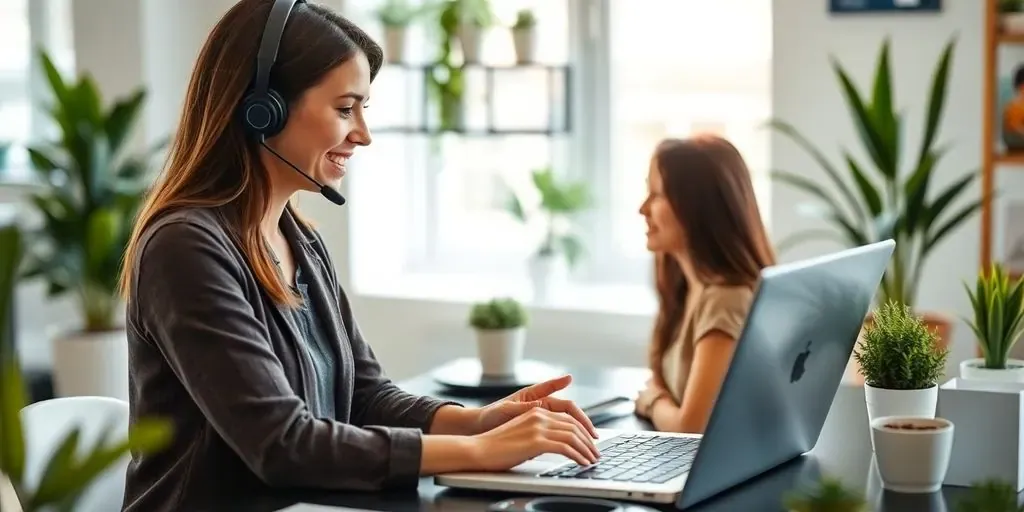 Customer support representative chatting with a client on laptop.