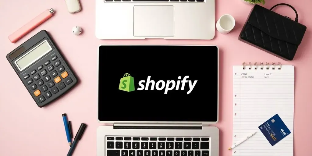 Flat lay of e-commerce tools and a laptop.