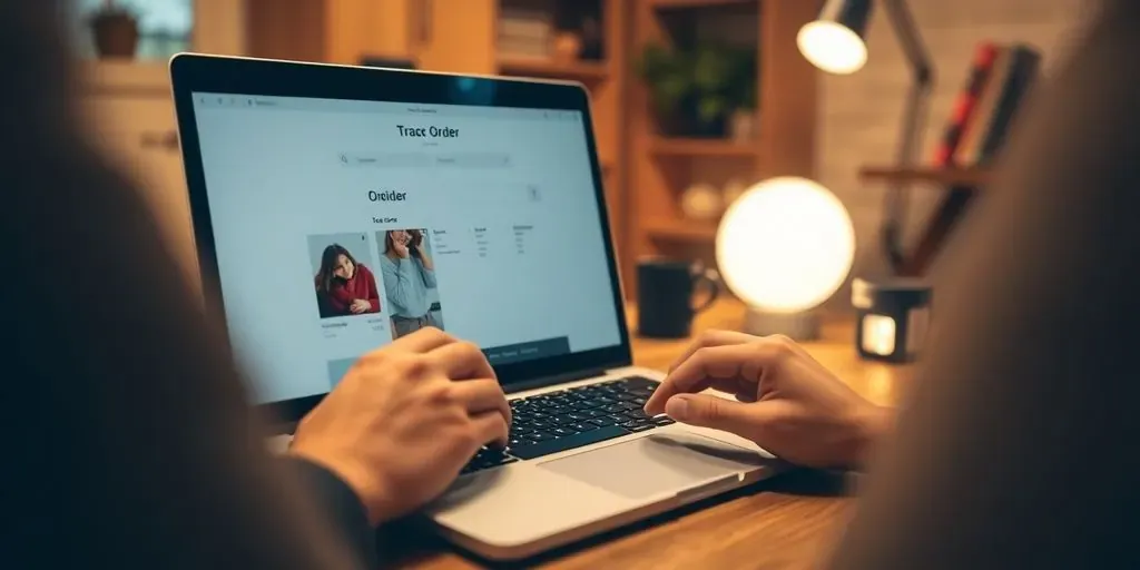 Person tracking an order on a laptop in home office.