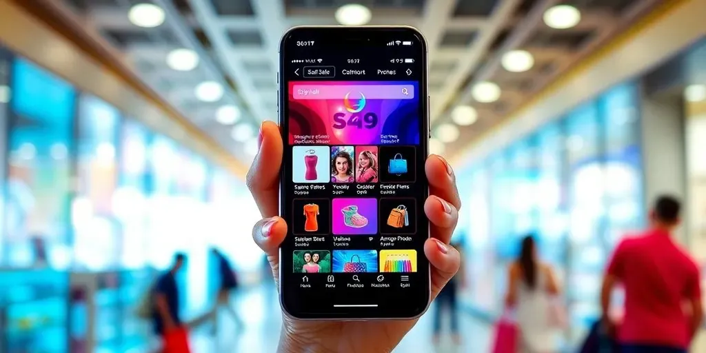Mobile phone with e-commerce app in a shopping setting.
