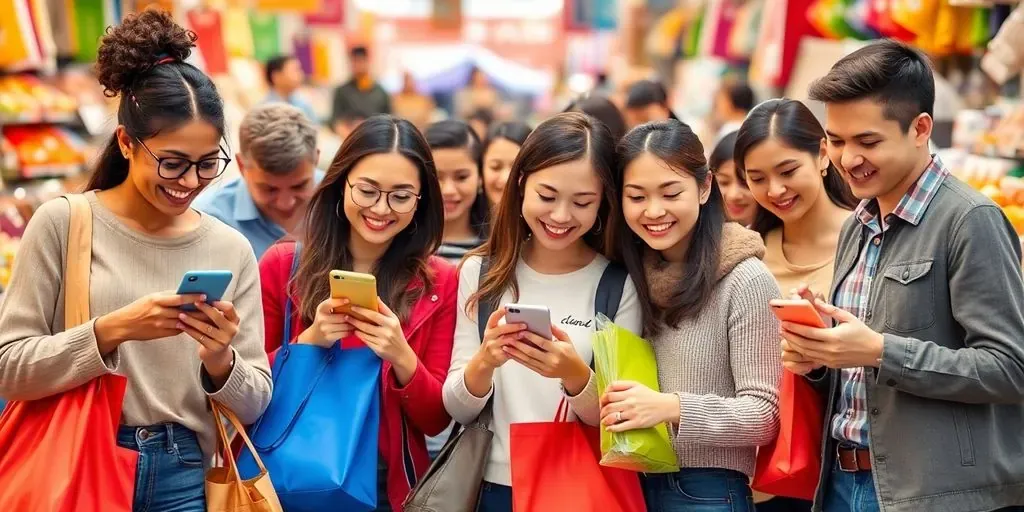 Diverse shoppers using smartphones in a lively market.