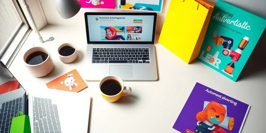 Bright workspace with laptop and marketing materials.