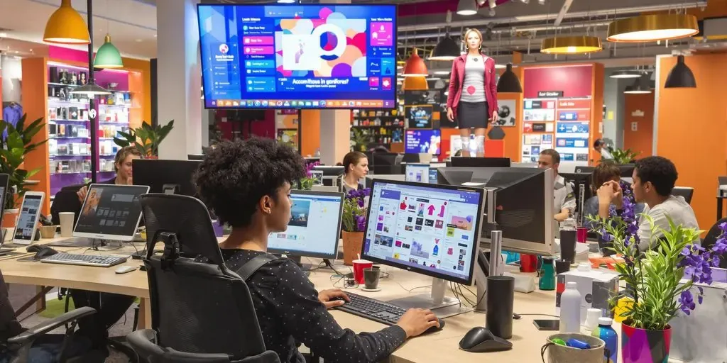 Diverse professionals collaborating in a modern ecommerce workspace.