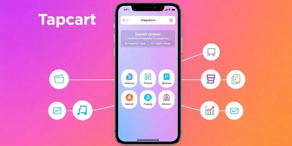 Mobile app interface with integration icons on colorful background.