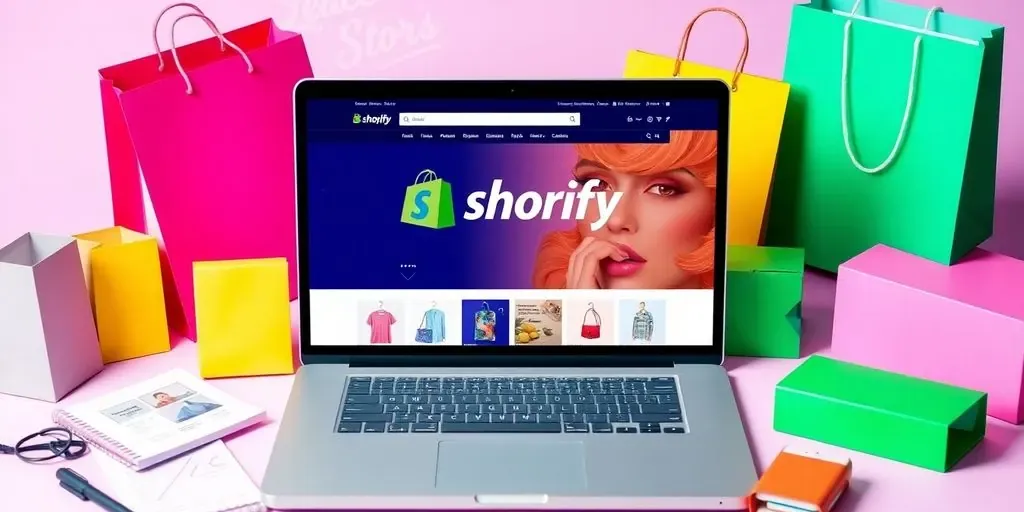 Laptop with Shopify website and shopping bags around it.