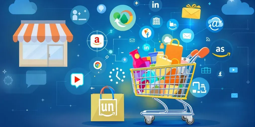 Shopping cart with products and e-commerce icons.