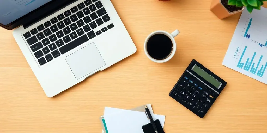 Workspace with laptop, calculator, and coffee for e-commerce.