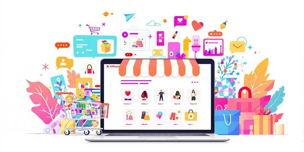 E-commerce elements with shopping carts and colorful products.