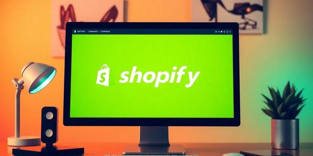 Colorful Shopify store setup with domain name on screen.