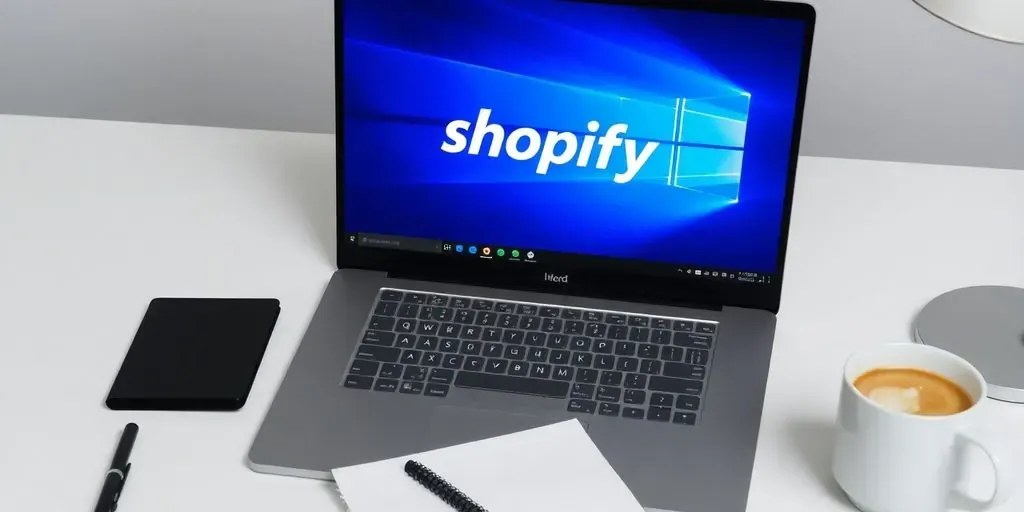 Modern workspace with laptop running Shopify on Windows 10.